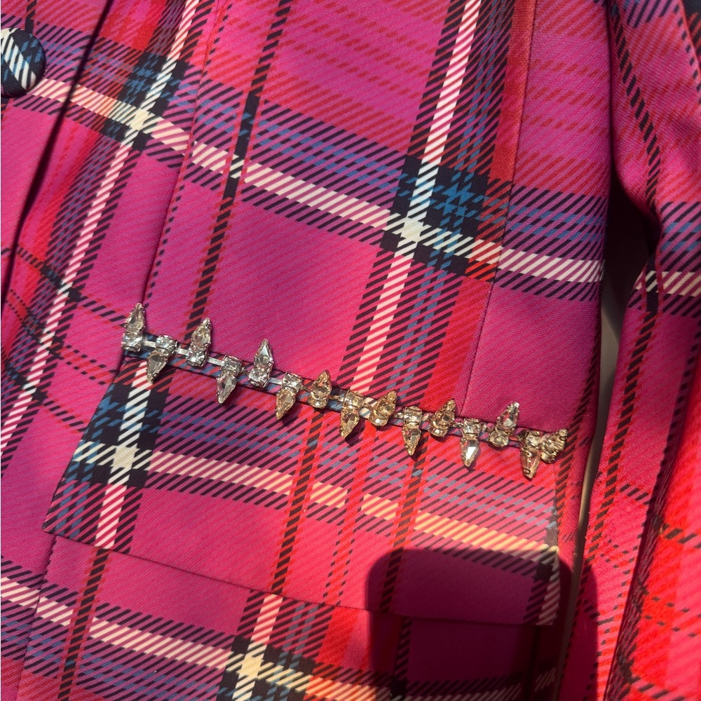 Pink Plaid Tailored Peplum Jacket like Area Large - Picture 4 of 16